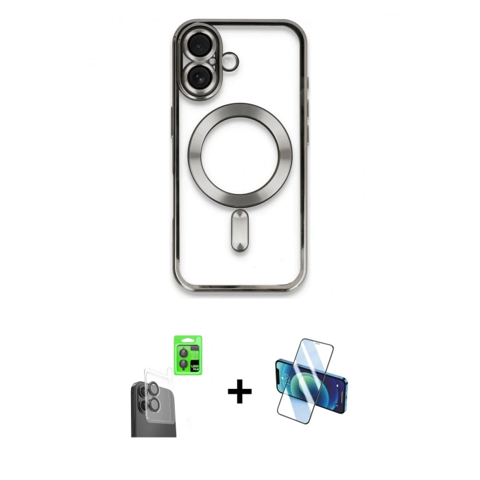 MARSİLYAN™- iPhone 16 Kılıf Nova Işık Özel Seri - Siyah 3D Antistatik Seramik Nano Ekran Koruyucu + Raze Metal Kamera Lens - SH