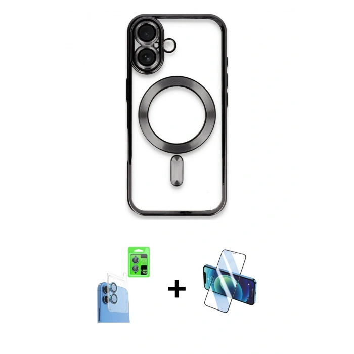 MARSİLYAN™- iPhone 16 Kılıf Nova Işık Özel Seri - Siyah 3D Antistatik Seramik Nano Ekran Koruyucu + Raze Metal Kamera Lens - LT