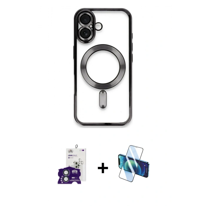 MARSİLYAN™- iPhone 16 Kılıf Nova Işık Özel Seri - Siyah 3D Antistatik Seramik Nano Ekran Koruyucu + Bilvis Titan Kamera Lens - YL