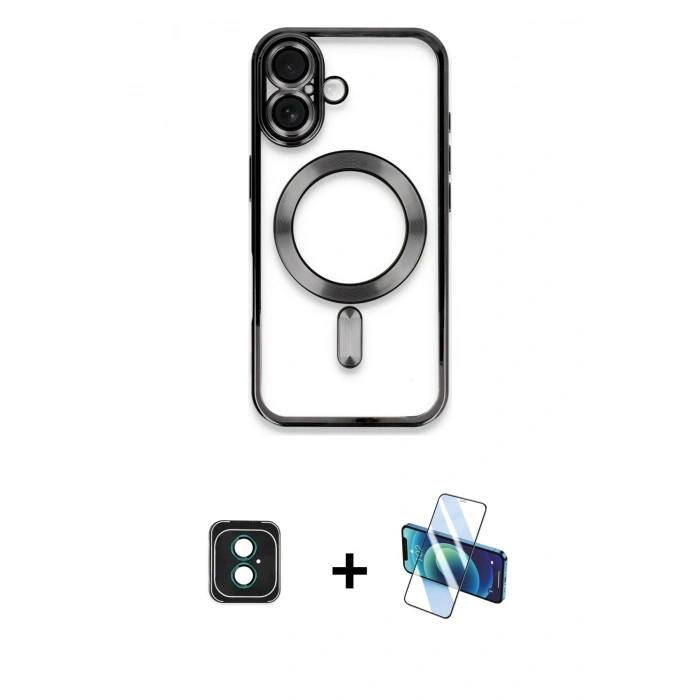 MARSİLYAN™- iPhone 16 Kılıf Nova Işık Özel Seri - Siyah 3D Antistatik Seramik Nano Ekran Koruyucu + PVD Metal Kamera Lens - YL