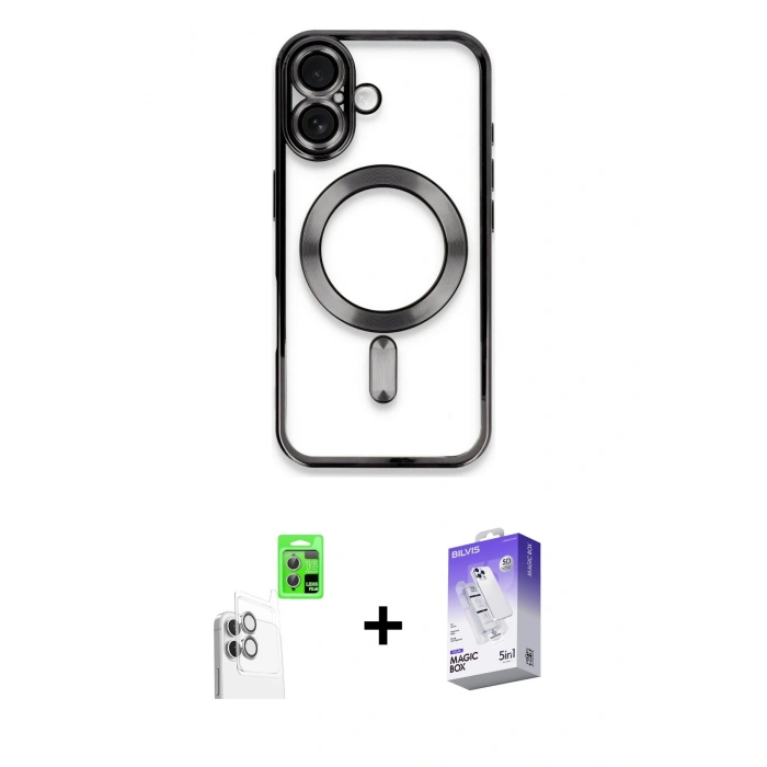 MARSİLYAN™- iPhone 16 Kılıf Nova Işık Özel Seri - Siyah Bilvis 5in1 3D Magic Cam Ekran Koruyucu + Raze Metal Kamera Lens - BZ