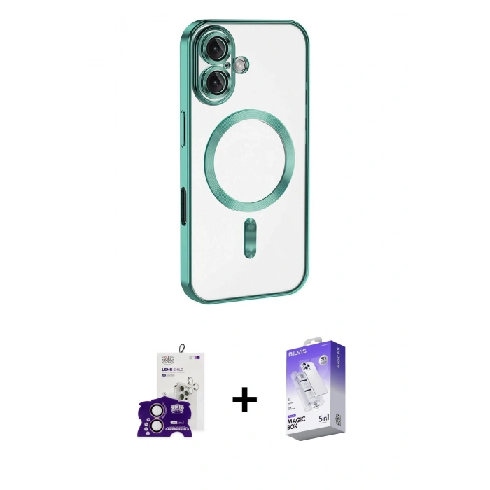 MARSİLYAN™- iPhone 16 Kılıf Nova Işık Özel Seri - Siyah Bilvis 5in1 3D Magic Cam Ekran Koruyucu + Bilvis Titan Kamera Lens - PE