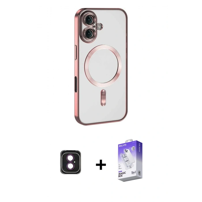 MARSİLYAN™- iPhone 16 Kılıf Nova Işık Özel Seri - Siyah Bilvis 5in1 3D Magic Cam Ekran Koruyucu + PVD Metal Kamera Lens - PE