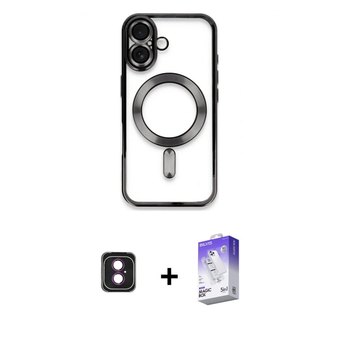 MARSİLYAN™- iPhone 16 Kılıf Nova Işık Özel Seri - Siyah Bilvis 5in1 3D Magic Cam Ekran Koruyucu + PVD Metal Kamera Lens - PE