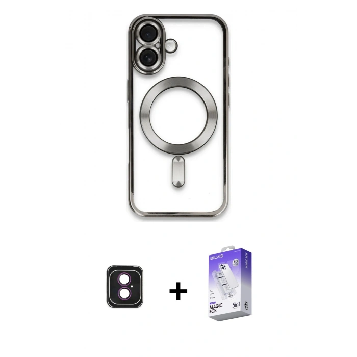 MARSİLYAN™- iPhone 16 Kılıf Nova Işık Özel Seri - Siyah Bilvis 5in1 3D Magic Cam Ekran Koruyucu + PVD Metal Kamera Lens - PE