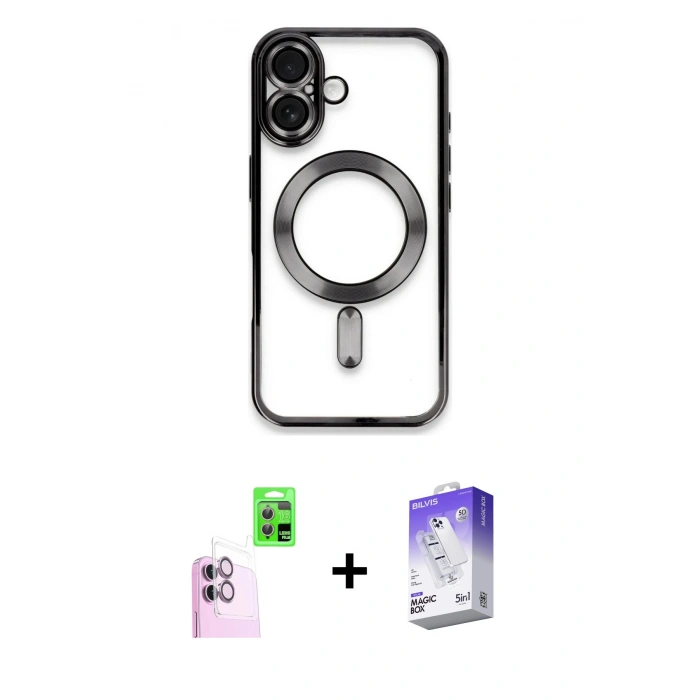 MARSİLYAN™- iPhone 16 Kılıf Nova Işık Özel Seri - Siyah Bilvis 5in1 3D Magic Cam Ekran Koruyucu + Raze Metal Kamera Lens - PE