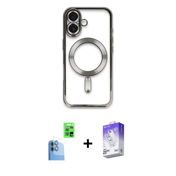 MARSİLYAN™- iPhone 16 Kılıf Nova Işık Özel Seri - Siyah Bilvis 5in1 3D Magic Cam Ekran Koruyucu + Raze Metal Kamera Lens - LT