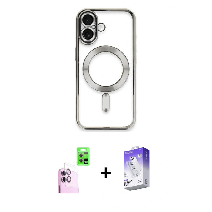 MARSİLYAN™- iPhone 16 Kılıf Nova Işık Özel Seri - Siyah Bilvis 5in1 3D Magic Cam Ekran Koruyucu + Raze Metal Kamera Lens - PE