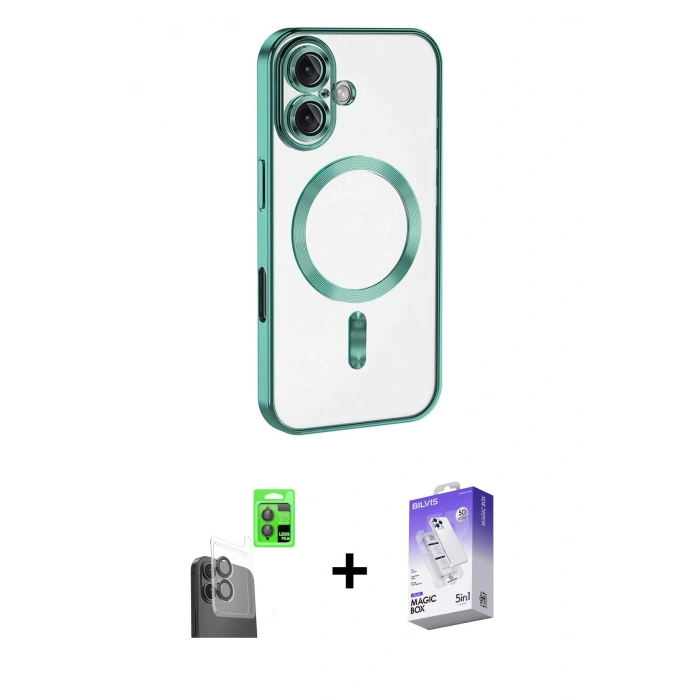 MARSİLYAN™- iPhone 16 Kılıf Nova Işık Özel Seri - Siyah Bilvis 5in1 3D Magic Cam Ekran Koruyucu + Raze Metal Kamera Lens - SH