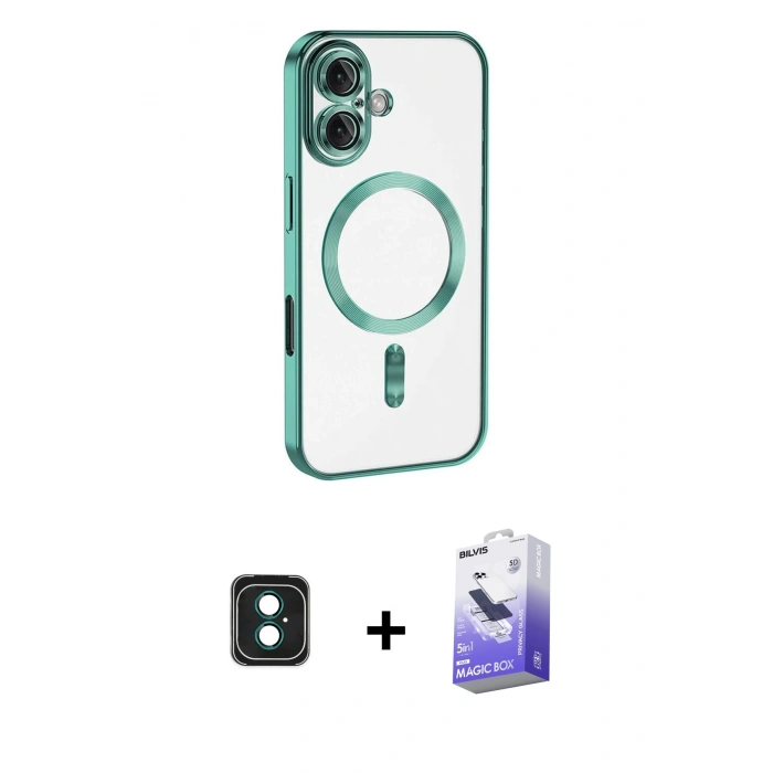 MARSİLYAN™- iPhone 16 Kılıf Nova Işık Özel Seri - Siyah Bilvis 5in1 5D Magic Hayalet Cam Ekran Koruyucu + PVD Metal Kamera Lens - YL