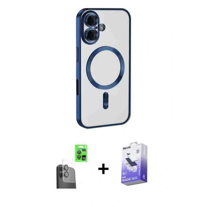 MARSİLYAN™- iPhone 16 Kılıf Nova Işık Özel Seri - Siyah Bilvis 5in1 5D Magic Hayalet Cam Ekran Koruyucu + Raze Metal Kamera Lens - SH