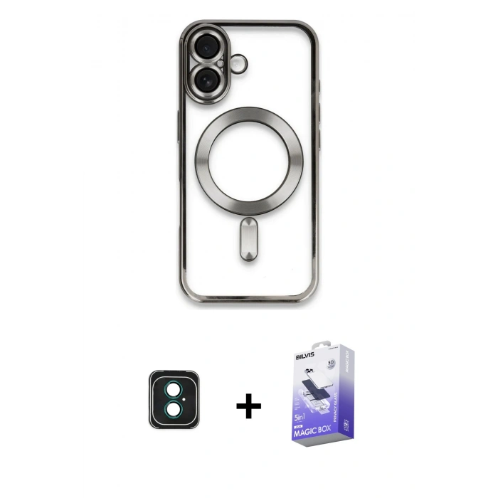 MARSİLYAN™- iPhone 16 Kılıf Nova Işık Özel Seri - Siyah Bilvis 5in1 5D Magic Hayalet Cam Ekran Koruyucu + PVD Metal Kamera Lens - YL