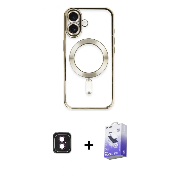 MARSİLYAN™- iPhone 16 Kılıf Nova Işık Özel Seri - Siyah Bilvis 5in1 5D Magic Hayalet Cam Ekran Koruyucu + PVD Metal Kamera Lens - PE