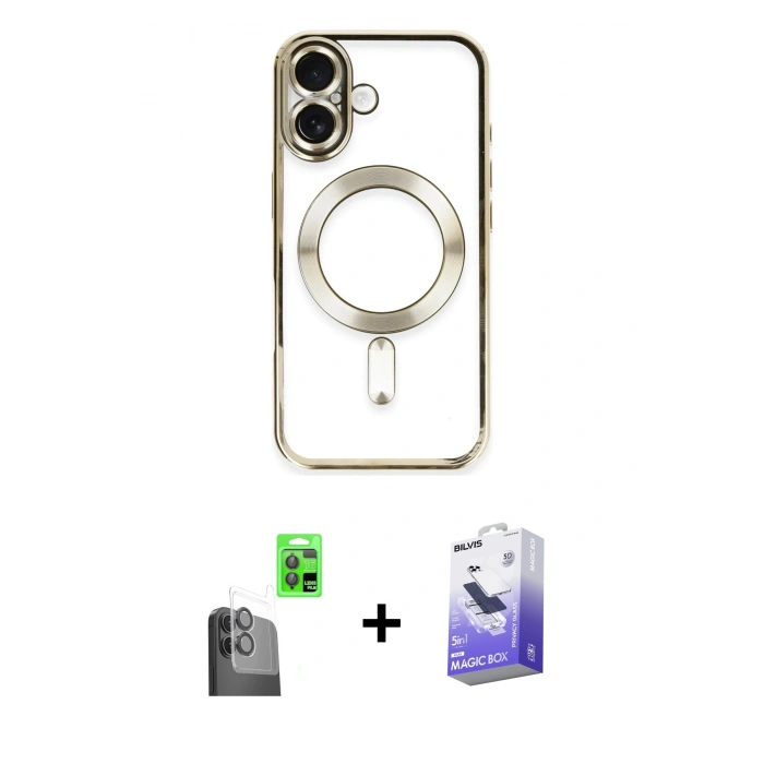 MARSİLYAN™- iPhone 16 Kılıf Nova Işık Özel Seri - Siyah Bilvis 5in1 5D Magic Hayalet Cam Ekran Koruyucu + Raze Metal Kamera Lens - SH