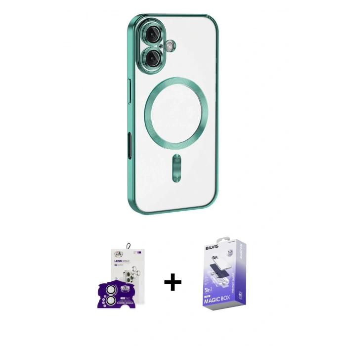MARSİLYAN™- iPhone 16 Kılıf Nova Işık Özel Seri - Siyah Bilvis 5in1 5D Magic Hayalet Cam Ekran Koruyucu + Gümüş Bilvis Titan Kamera Lens