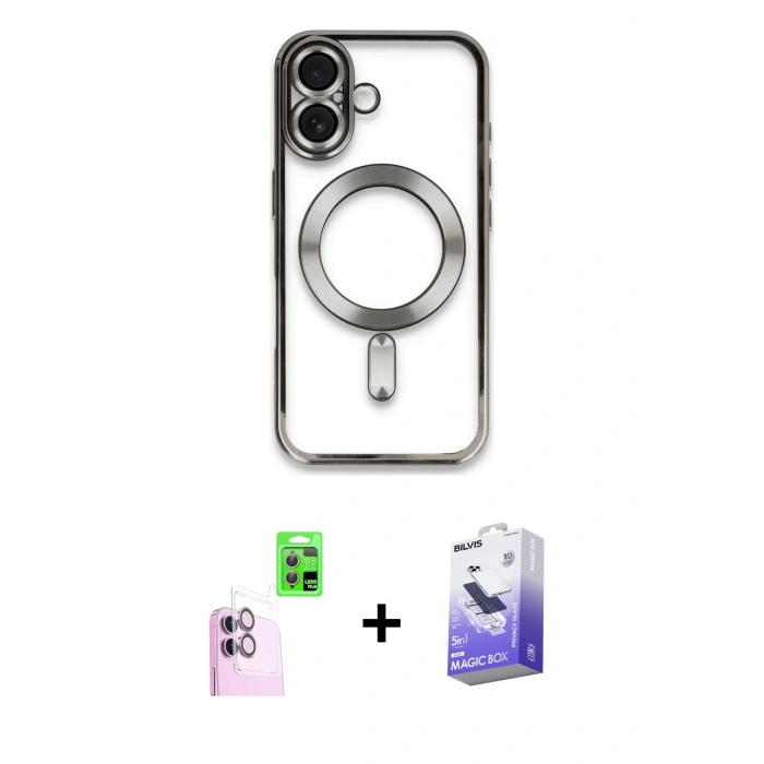 MARSİLYAN™- iPhone 16 Kılıf Nova Işık Özel Seri - Siyah Bilvis 5in1 5D Magic Hayalet Cam Ekran Koruyucu + Raze Metal Kamera Lens - PE