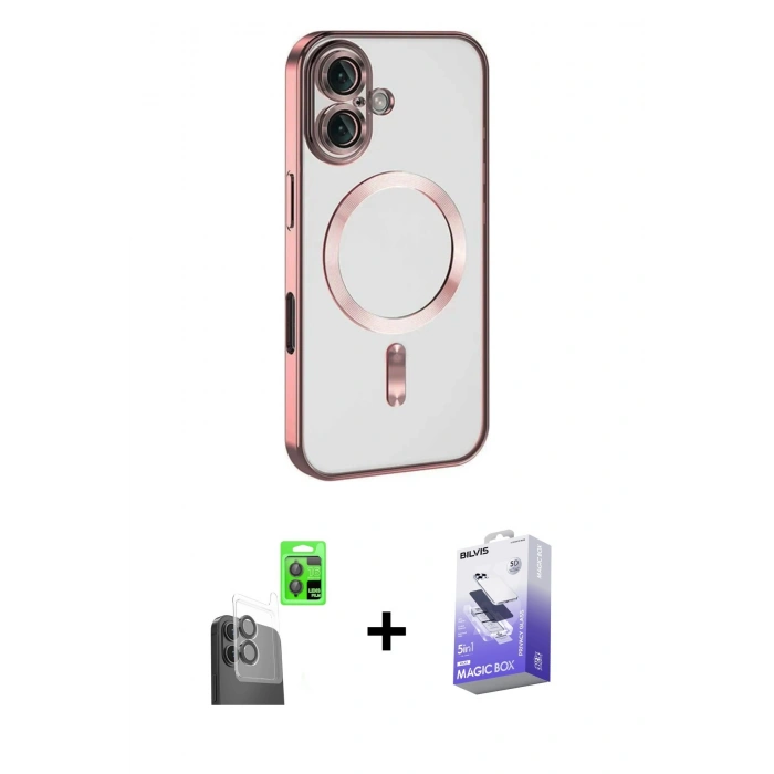 MARSİLYAN™- iPhone 16 Kılıf Nova Işık Özel Seri - Siyah Bilvis 5in1 5D Magic Hayalet Cam Ekran Koruyucu + Raze Metal Kamera Lens - SH