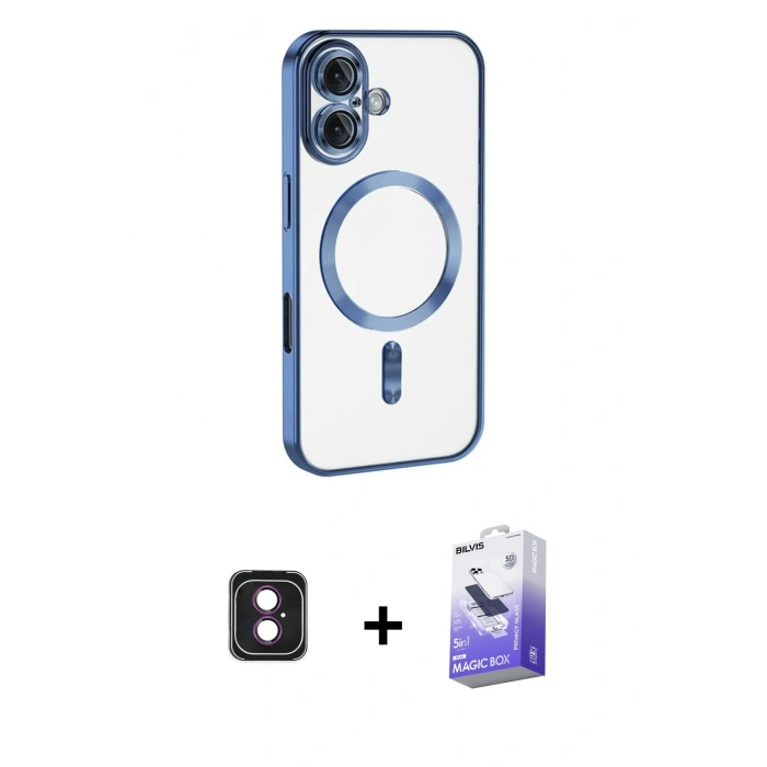MARSİLYAN™- iPhone 16 Kılıf Nova Işık Özel Seri - Siyah Bilvis 5in1 5D Magic Hayalet Cam Ekran Koruyucu + PVD Metal Kamera Lens - PE