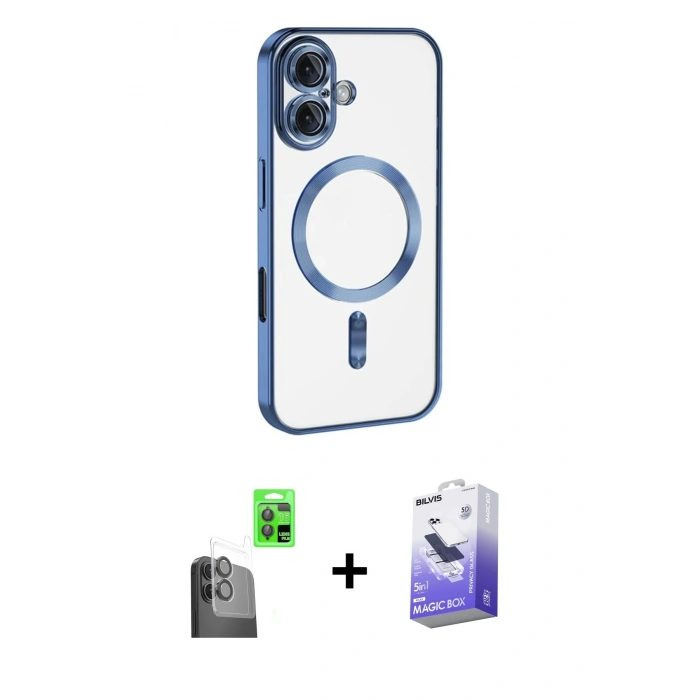 MARSİLYAN™- iPhone 16 Kılıf Nova Işık Özel Seri - Siyah Bilvis 5in1 5D Magic Hayalet Cam Ekran Koruyucu + Raze Metal Kamera Lens - SH