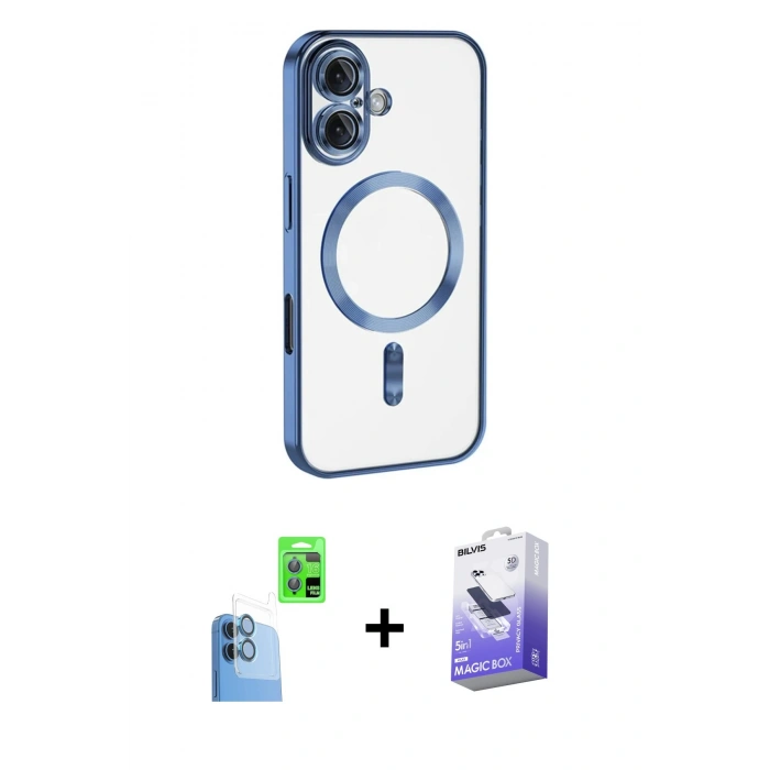 MARSİLYAN™- iPhone 16 Kılıf Nova Işık Özel Seri - Siyah Bilvis 5in1 5D Magic Hayalet Cam Ekran Koruyucu + Lacivert Raze Metal Kamera Lens