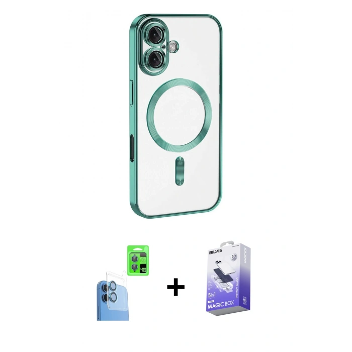 MARSİLYAN™- iPhone 16 Kılıf Nova Işık Özel Seri - Siyah Bilvis 5in1 5D Magic Hayalet Cam Ekran Koruyucu + Lacivert Raze Metal Kamera Lens