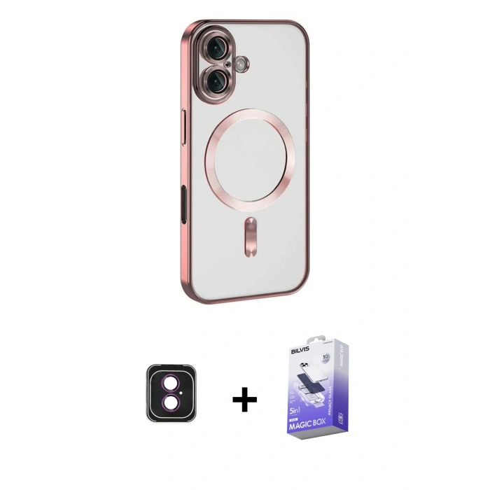 MARSİLYAN™- iPhone 16 Kılıf Nova Işık Özel Seri - Siyah Bilvis 5in1 5D Magic Hayalet Cam Ekran Koruyucu + PVD Metal Kamera Lens - PE