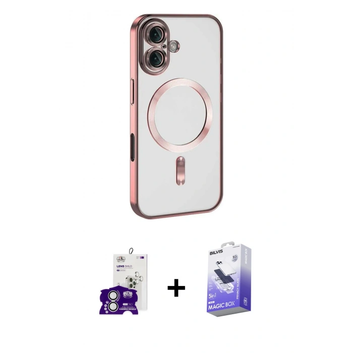 MARSİLYAN™- iPhone 16 Kılıf Nova Işık Özel Seri - Siyah Bilvis 5in1 5D Magic Hayalet Cam Ekran Koruyucu + Gümüş Bilvis Titan Kamera Lens