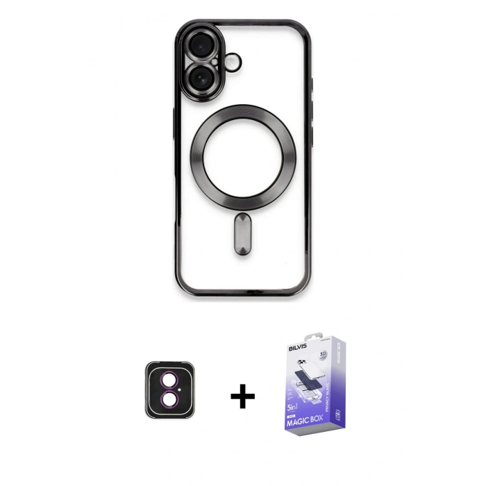 MARSİLYAN™- iPhone 16 Kılıf Nova Işık Özel Seri - Siyah Bilvis 5in1 5D Magic Hayalet Cam Ekran Koruyucu + PVD Metal Kamera Lens - PE
