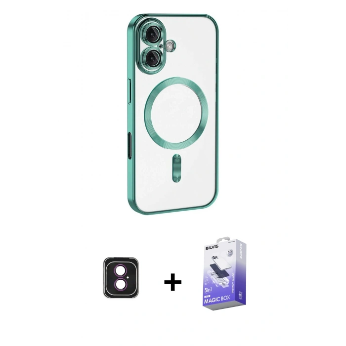 MARSİLYAN™- iPhone 16 Kılıf Nova Işık Özel Seri - Siyah Bilvis 5in1 5D Magic Hayalet Cam Ekran Koruyucu + PVD Metal Kamera Lens - PE