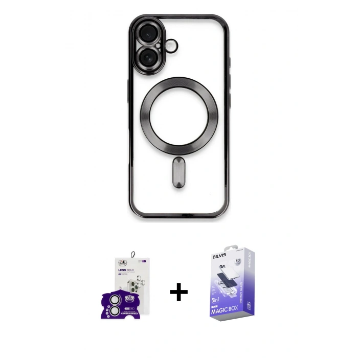 MARSİLYAN™- iPhone 16 Kılıf Nova Işık Özel Seri - Siyah Bilvis 5in1 5D Magic Hayalet Cam Ekran Koruyucu + Gümüş Bilvis Titan Kamera Lens