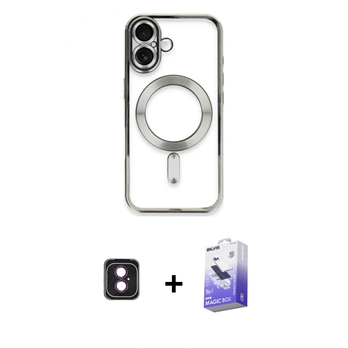 MARSİLYAN™- iPhone 16 Kılıf Nova Işık Özel Seri - Siyah Bilvis 5in1 5D Magic Hayalet Cam Ekran Koruyucu + PVD Metal Kamera Lens - PE