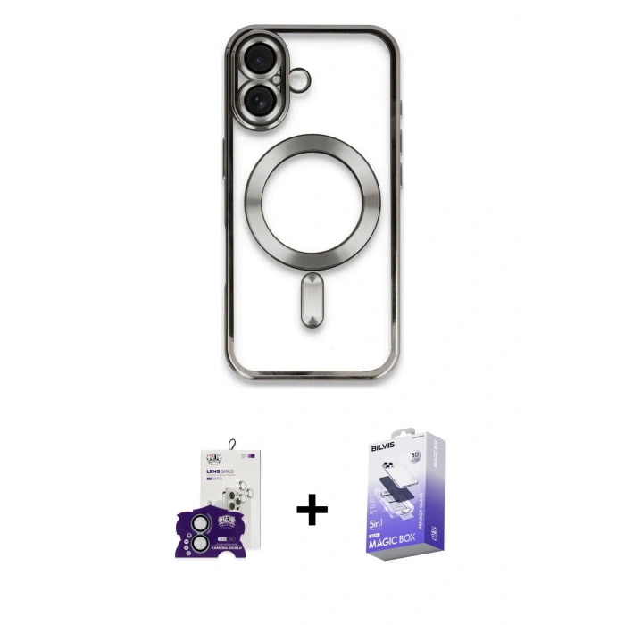 MARSİLYAN™- iPhone 16 Kılıf Nova Işık Özel Seri - Siyah Bilvis 5in1 5D Magic Hayalet Cam Ekran Koruyucu + Bilvis Titan Kamera Lens - YL