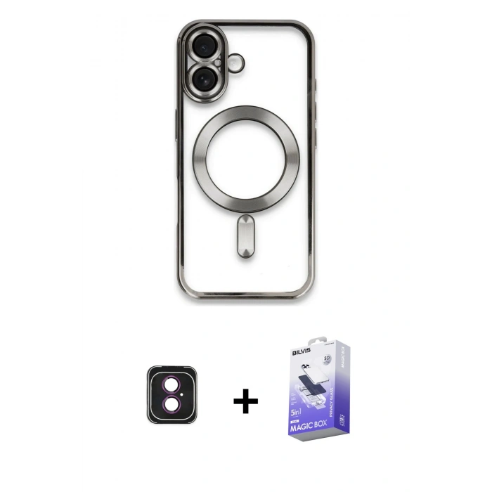 MARSİLYAN™- iPhone 16 Kılıf Nova Işık Özel Seri - Siyah Bilvis 5in1 5D Magic Hayalet Cam Ekran Koruyucu + PVD Metal Kamera Lens - PE