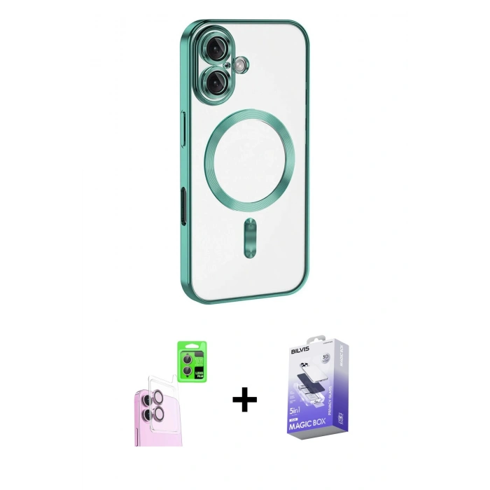 MARSİLYAN™- iPhone 16 Kılıf Nova Işık Özel Seri - Siyah Bilvis 5in1 5D Magic Hayalet Cam Ekran Koruyucu + Raze Metal Kamera Lens - PE