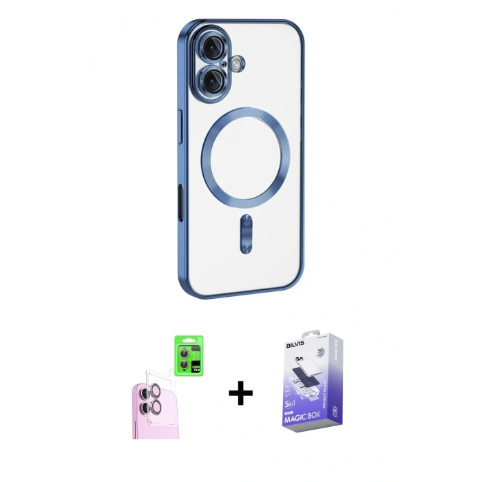 MARSİLYAN™- iPhone 16 Kılıf Nova Işık Özel Seri - Siyah Bilvis 5in1 5D Magic Hayalet Cam Ekran Koruyucu + Raze Metal Kamera Lens - PE