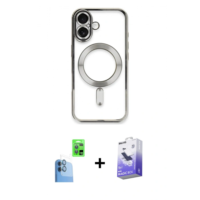 MARSİLYAN™- iPhone 16 Kılıf Nova Işık Özel Seri - Siyah Bilvis 5in1 5D Magic Hayalet Cam Ekran Koruyucu + Lacivert Raze Metal Kamera Lens