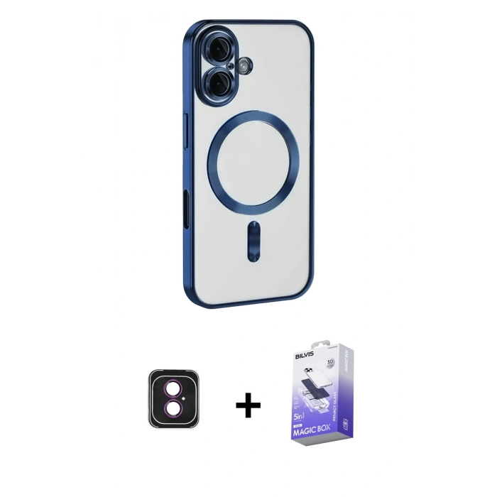 MARSİLYAN™- iPhone 16 Kılıf Nova Işık Özel Seri - Siyah Bilvis 5in1 5D Magic Hayalet Cam Ekran Koruyucu + PVD Metal Kamera Lens - PE