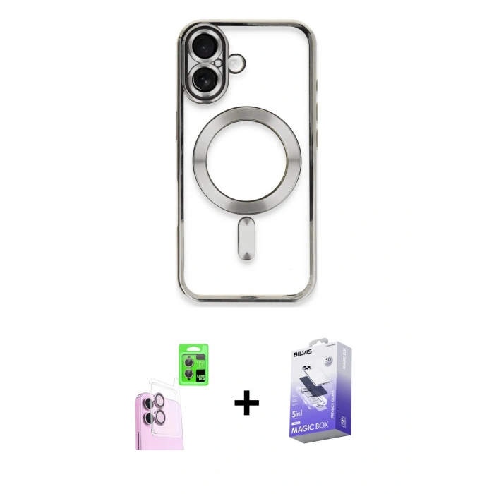 MARSİLYAN™- iPhone 16 Kılıf Nova Işık Özel Seri - Siyah Bilvis 5in1 5D Magic Hayalet Cam Ekran Koruyucu + Raze Metal Kamera Lens - PE