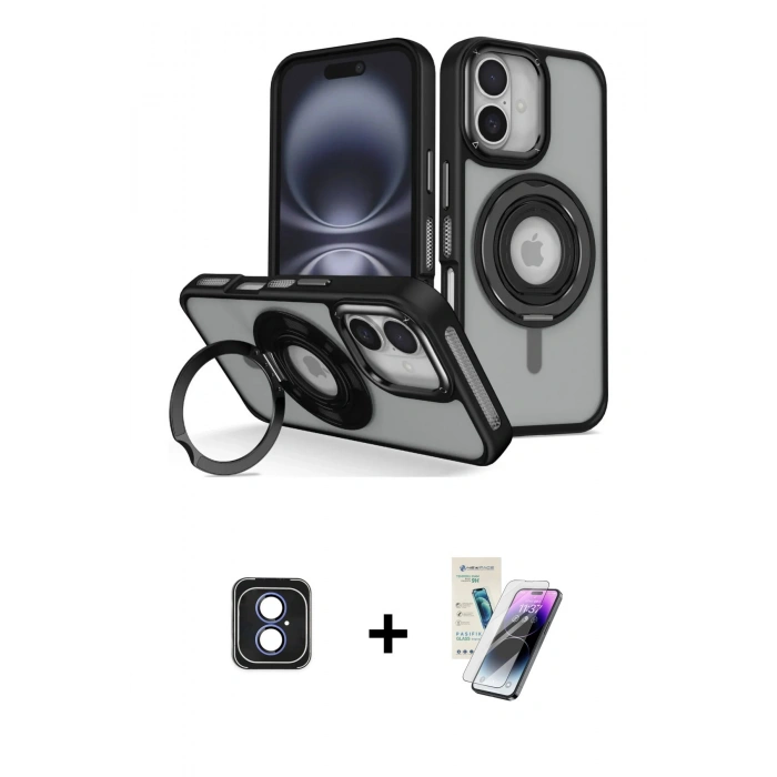 MARSİLYAN™- iPhone 16 Kılıf Nova Minimal Serisi - Şeffaf Pasifik Cam Ekran Koruyucu + PVD Metal Kamera Lens - MI