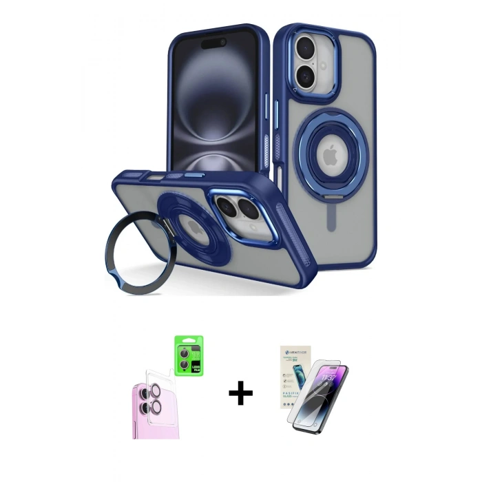 MARSİLYAN™- iPhone 16 Kılıf Nova Minimal Serisi - Şeffaf Pasifik Cam Ekran Koruyucu + Pembe Raze Metal Kamera Lens