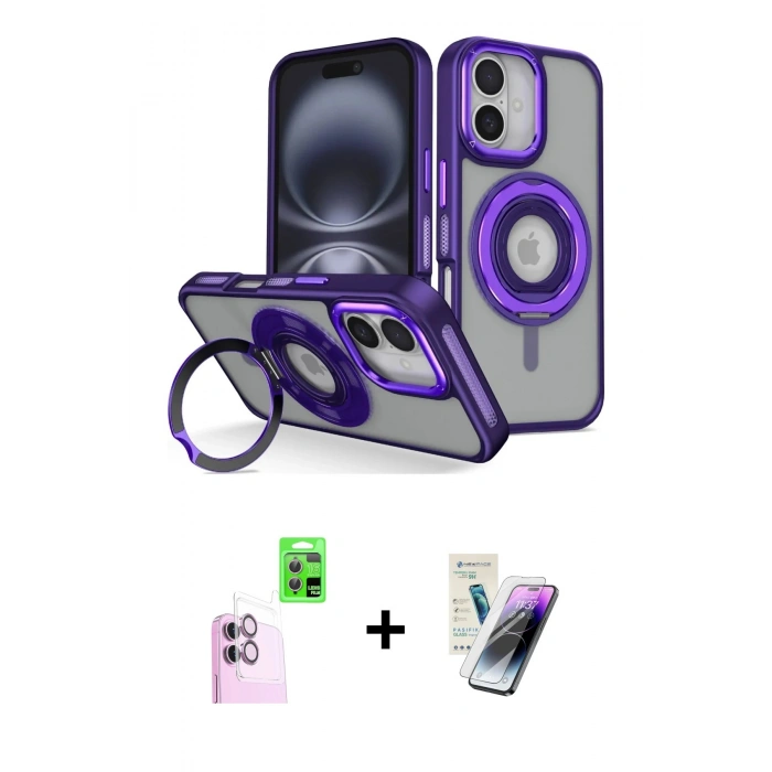 MARSİLYAN™- iPhone 16 Kılıf Nova Minimal Serisi - Şeffaf Pasifik Cam Ekran Koruyucu + Pembe Raze Metal Kamera Lens