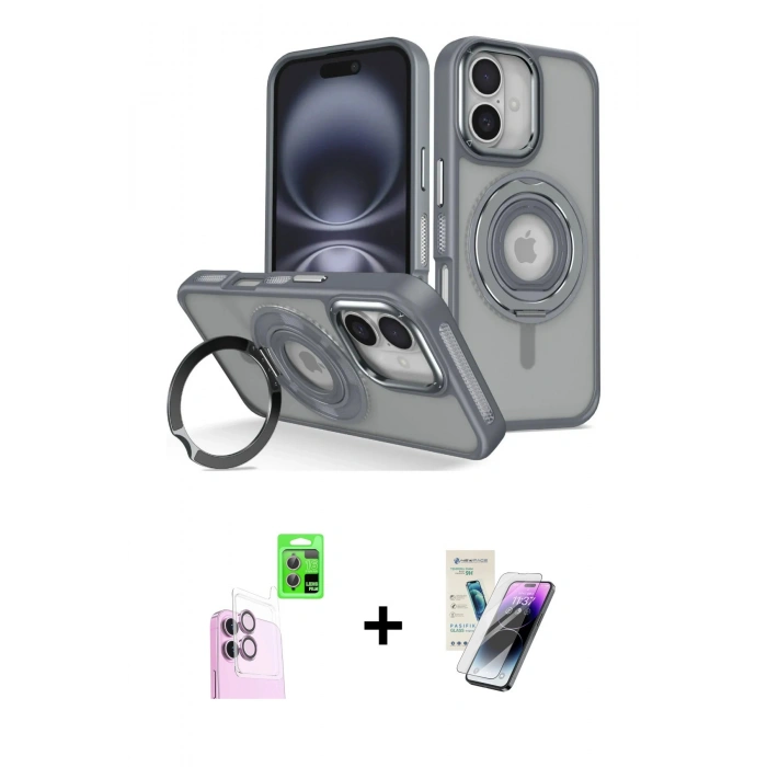 MARSİLYAN™- iPhone 16 Kılıf Nova Minimal Serisi - Şeffaf Pasifik Cam Ekran Koruyucu + Pembe Raze Metal Kamera Lens