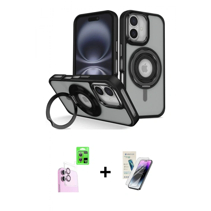 MARSİLYAN™- iPhone 16 Kılıf Nova Minimal Serisi - Şeffaf Pasifik Cam Ekran Koruyucu + Pembe Raze Metal Kamera Lens