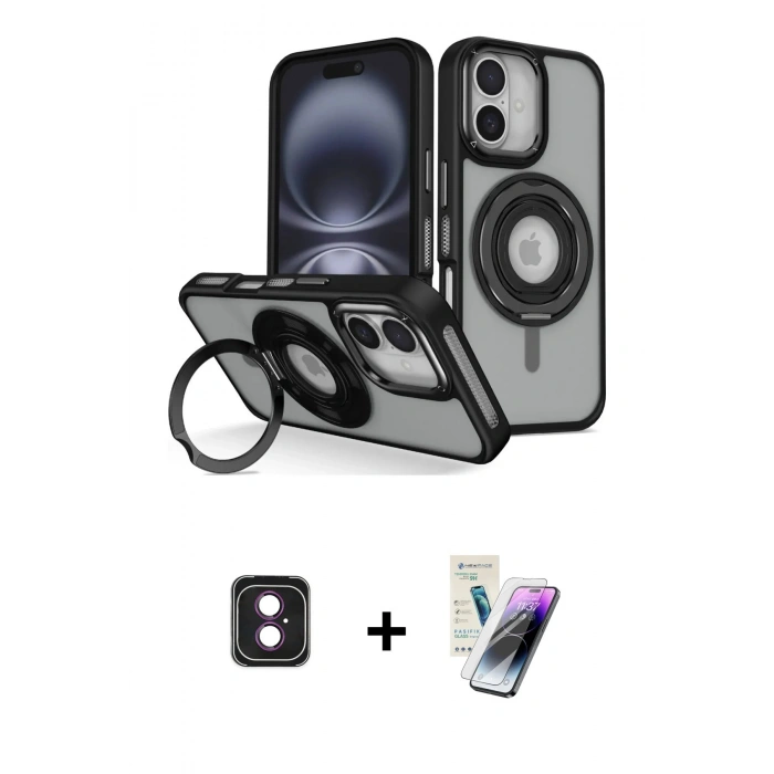 MARSİLYAN™- iPhone 16 Kılıf Nova Minimal Serisi - Şeffaf Pasifik Cam Ekran Koruyucu + PVD Metal Kamera Lens - PE