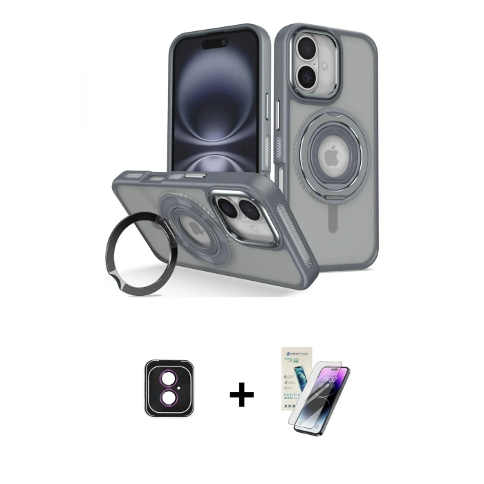 MARSİLYAN™- iPhone 16 Kılıf Nova Minimal Serisi - Şeffaf Pasifik Cam Ekran Koruyucu + PVD Metal Kamera Lens - PE