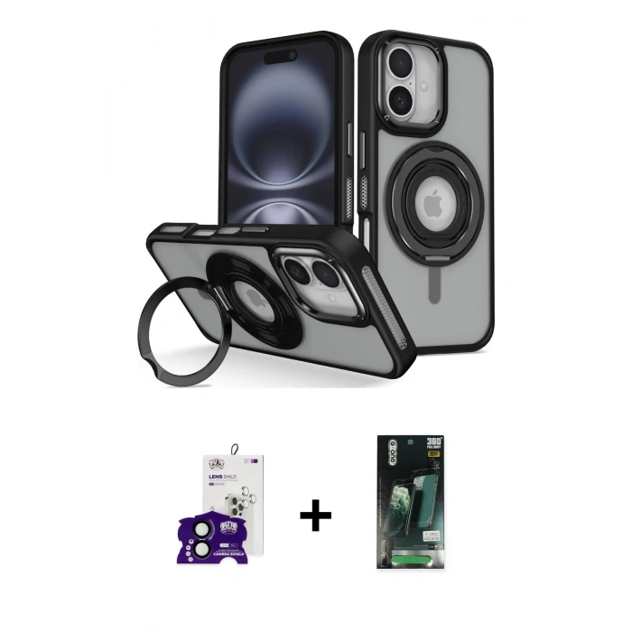 MARSİLYAN™- iPhone 16 Kılıf Nova Minimal Serisi - Siyah 360 Mat Full Body Arka Koruyucu + Bilvis Titan Kamera Lens - SH