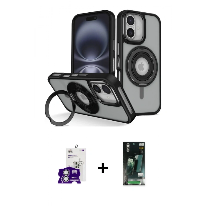 MARSİLYAN™- iPhone 16 Kılıf Nova Minimal Serisi - Siyah 360 Mat Full Body Arka Koruyucu + Bilvis Titan Kamera Lens - GS