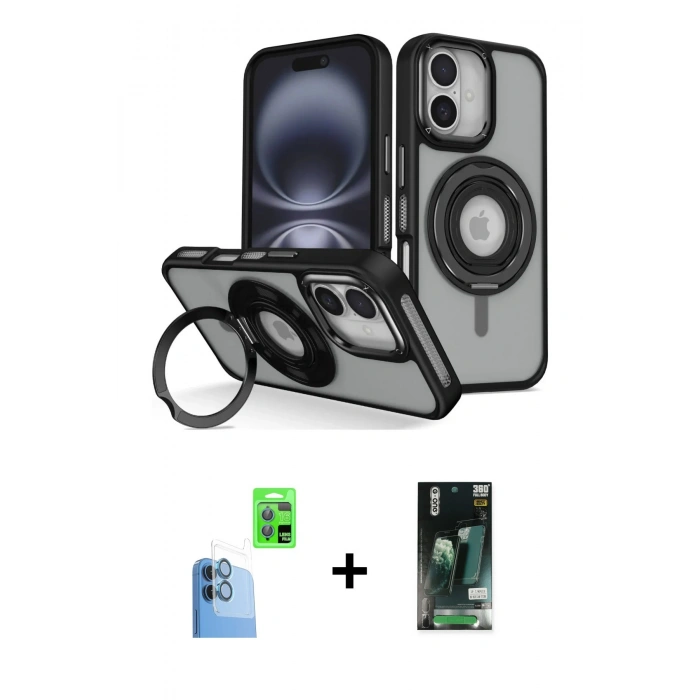 MARSİLYAN™- iPhone 16 Kılıf Nova Minimal Serisi - Siyah 360 Mat Full Body Arka Koruyucu + Raze Metal Kamera Lens - LT