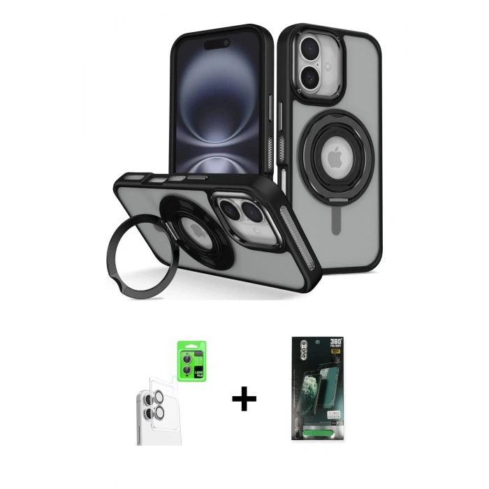 MARSİLYAN™- iPhone 16 Kılıf Nova Minimal Serisi - Siyah 360 Mat Full Body Arka Koruyucu + Raze Metal Kamera Lens - BZ