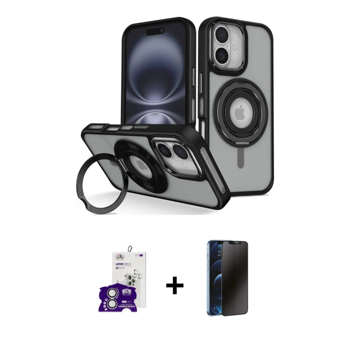 MARSİLYAN™- iPhone 16 Kılıf Nova Minimal Serisi - Siyah 3D Antistatik Hayalet Cam Ekran Koruyucu + Bilvis Titan Kamera Lens - GS